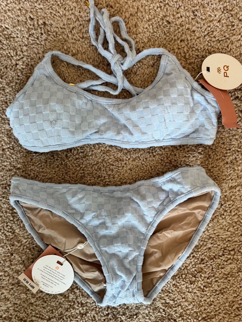 NWT PQ Textured Light Blue Check Bikini Set